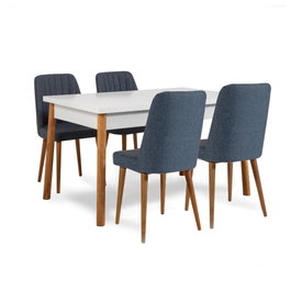Hanah Home 1048 - 2 AB Conjunto Mesa y Sillas Extensibles Pino Atlántico y Azul Marino Tablero Melamina Patas Madera Asientos Lino 120/153x75x75 cm